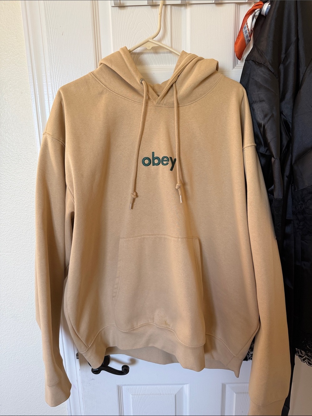 Obey Men's Tan Crewneck Hoodie with Green Logo
